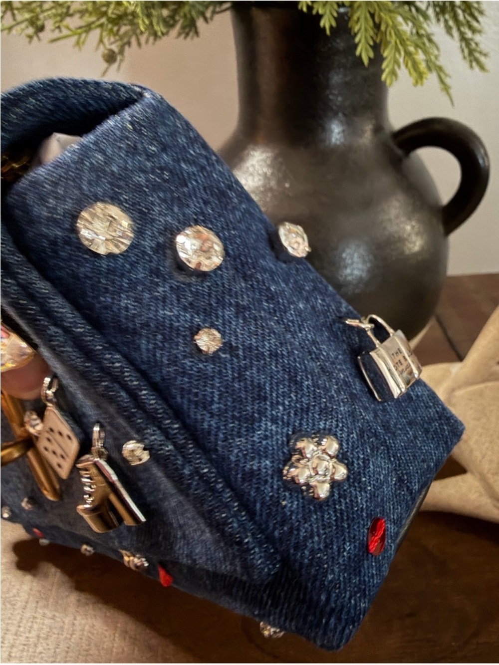 Marc Jacobs Denim Shoulder Bag with Gold Chain and Charm Embellishments - Blue - Picture 3 of 4